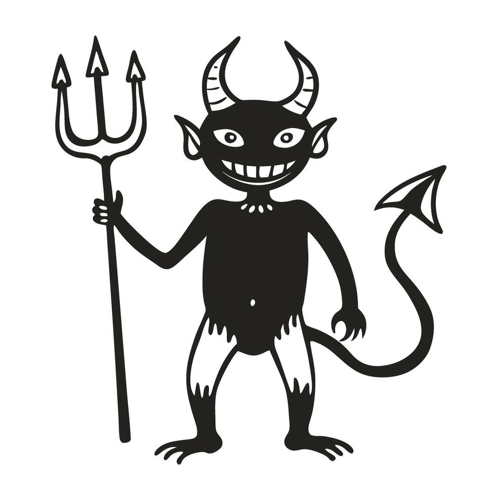 devil drawing with trident and horns mischievous mythical creature illustration in black and white vector