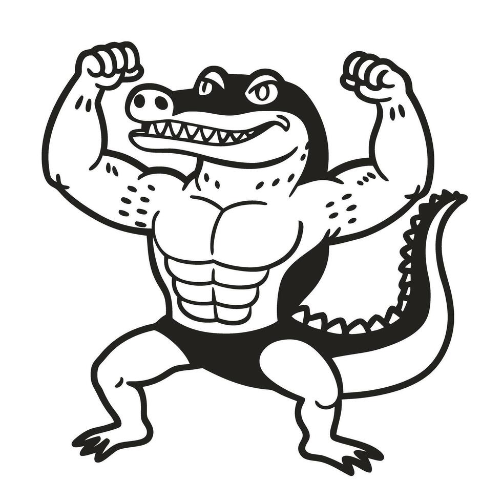 Strong alligator illustration flexing muscles, character with fierce expression vector