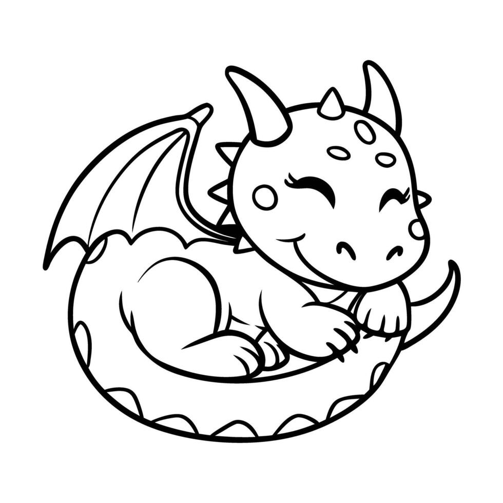adorable baby dragon smiling mythical creature, whimsical fantasy art, black and white illustration vector