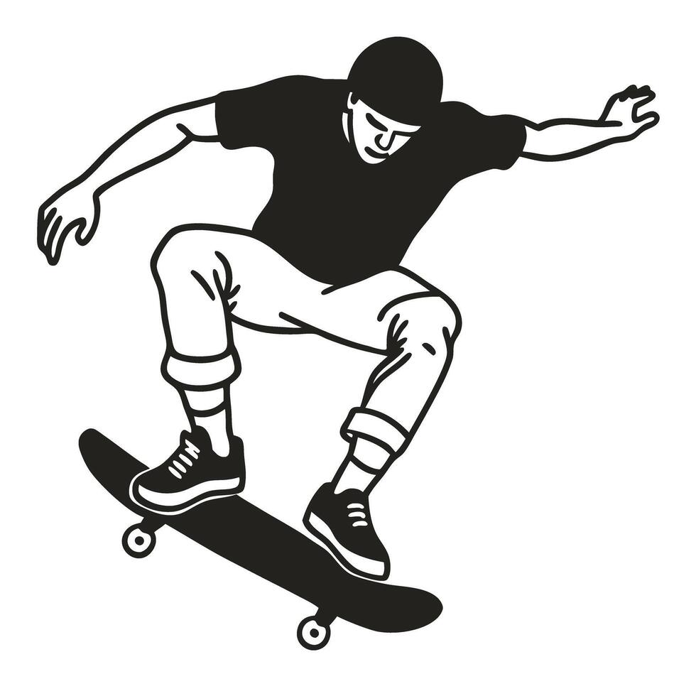 Skateboarder performing jump monochrome illustration of dynamic skating trick, action sports art vector