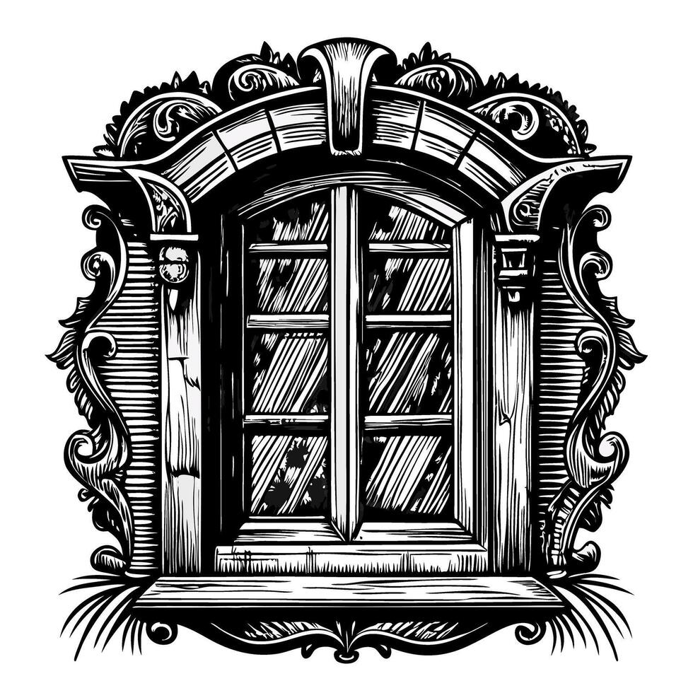 Ornate vintage window frame with intricate wood carvings, detailed classic architectural engraving illustration vector