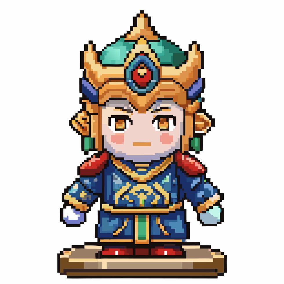 Pixel Art Character in Ancient Warrior Costume with Crown and Robes vector
