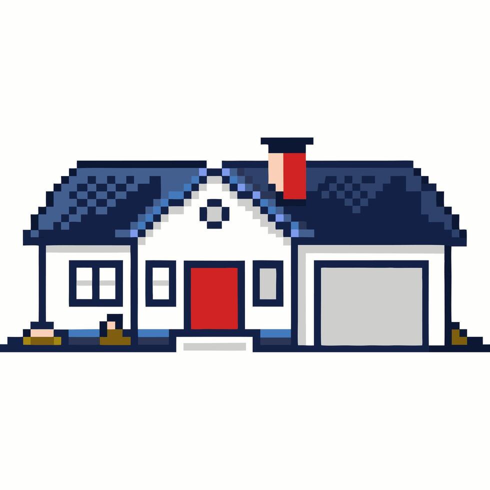 Pixel Art House with Red Door and Garage Iconic Retro Home Design vector