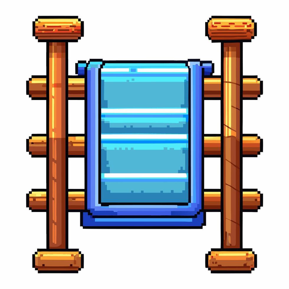 Retro Pixel Art Towel Rack with Blue Towel in Wooden Frame Illustration vector