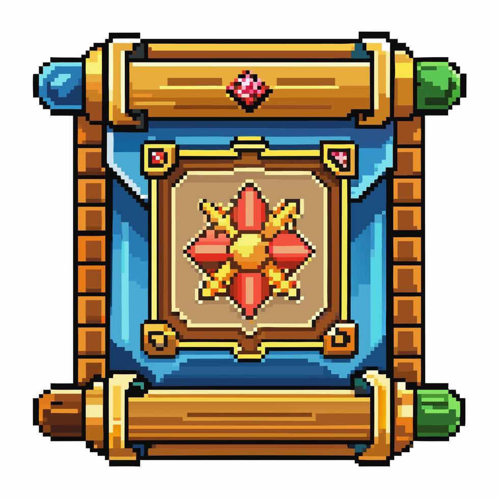 Pixel art magic scroll with decorative gems, fantasy game item, retro style, digital illustration, colorful design vector