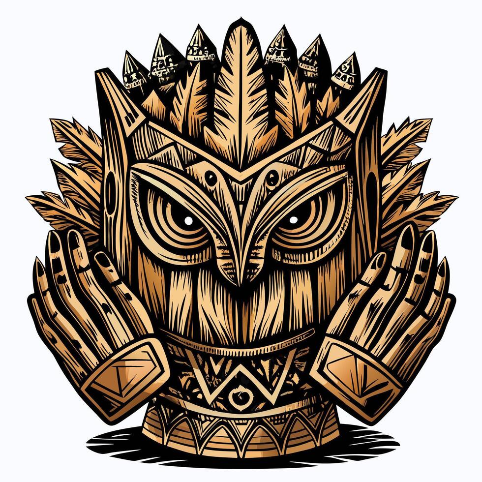 Ornate Tribal Owl Totem with Feathers and Hand Carvings in Rustic Style vector
