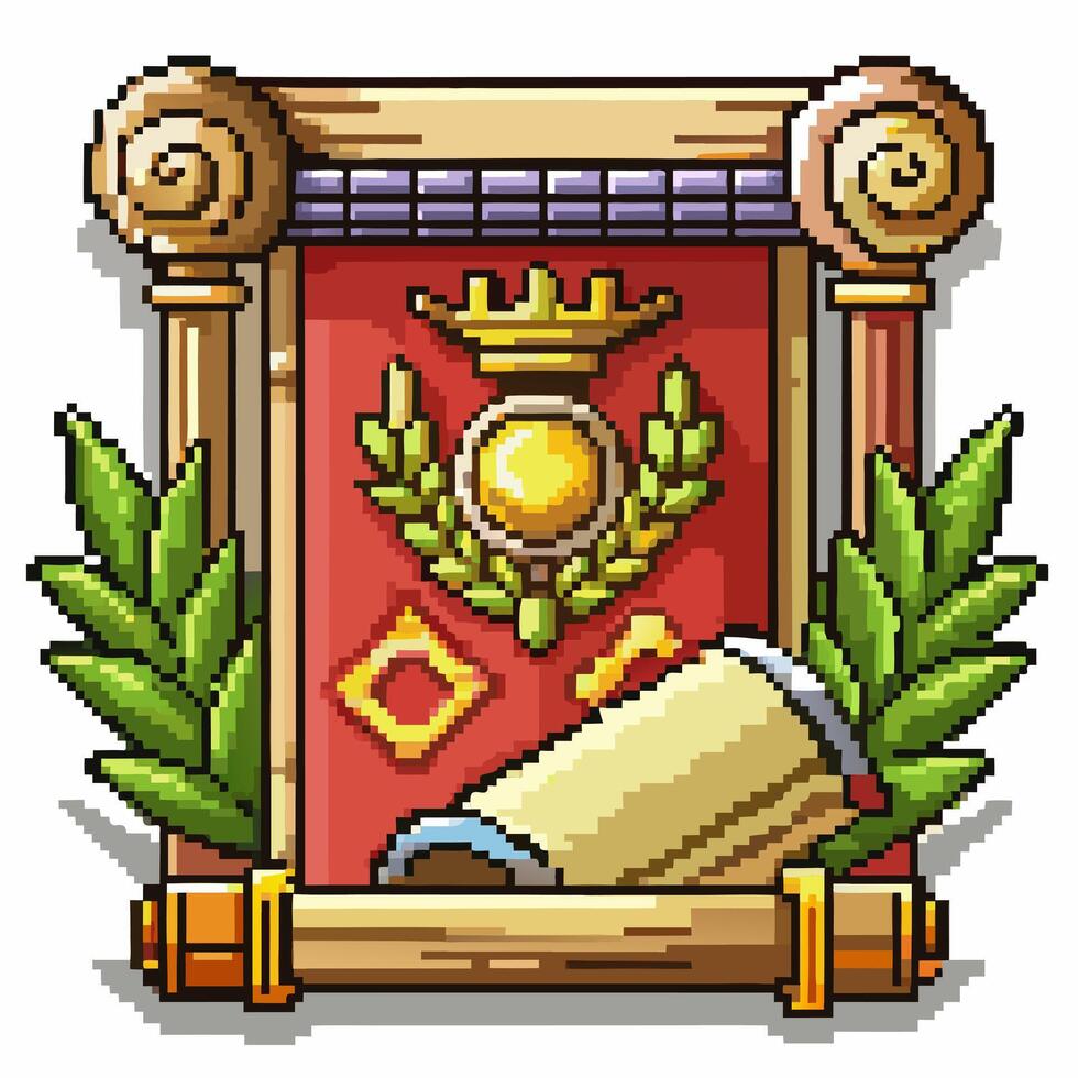 Vintage badge emblem with crown and laurel leaves, retro gaming aesthetics, gold and red theme vector