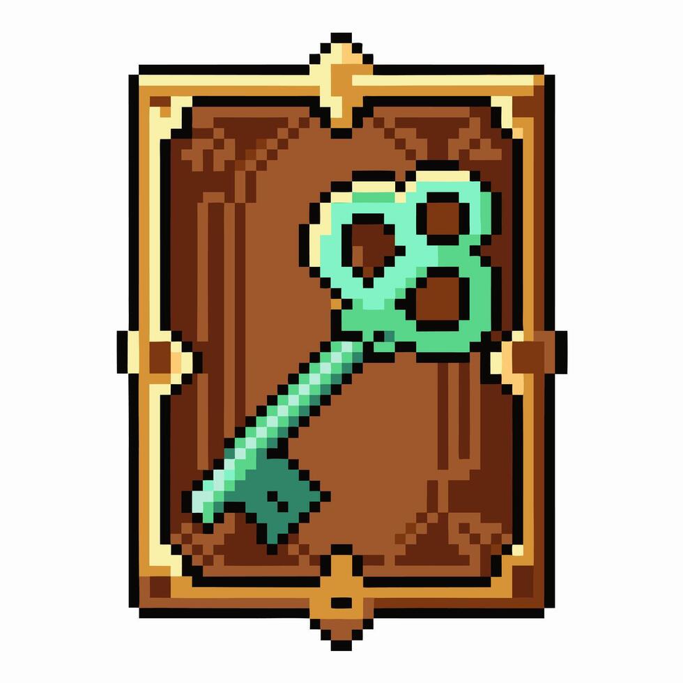 Pixel art vintage key on ornate frame, retro game design, digital illustration, old school style vector