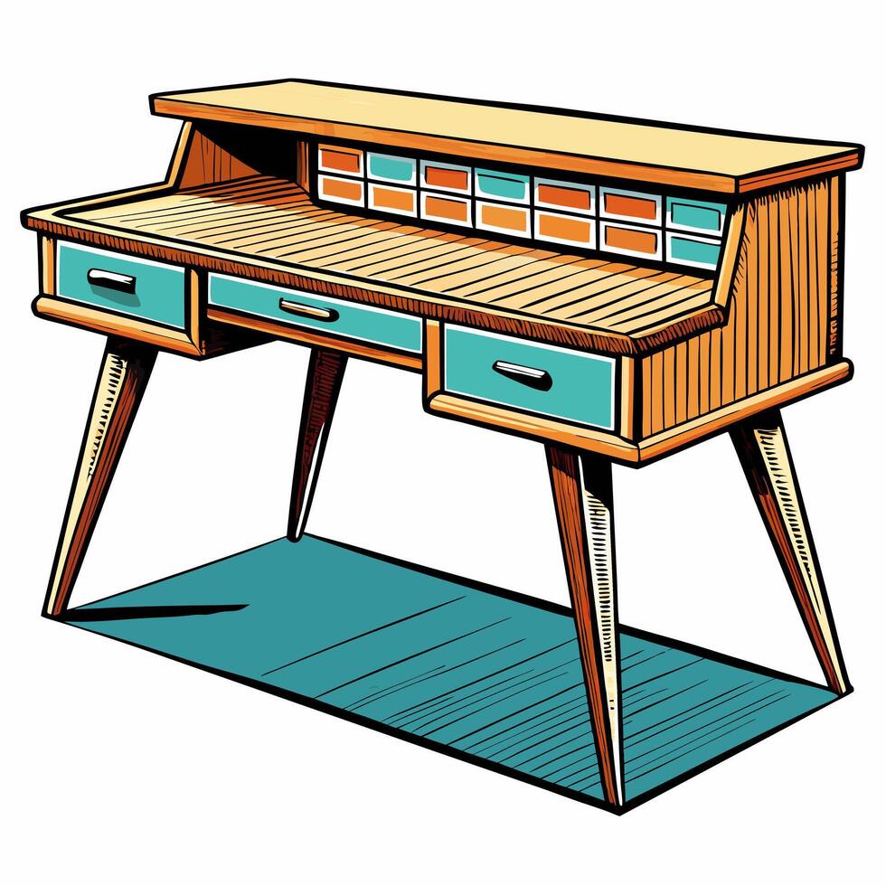 Retro Wooden Desk with Drawers and Shelves Vintage Mid Century Modern Furniture vector