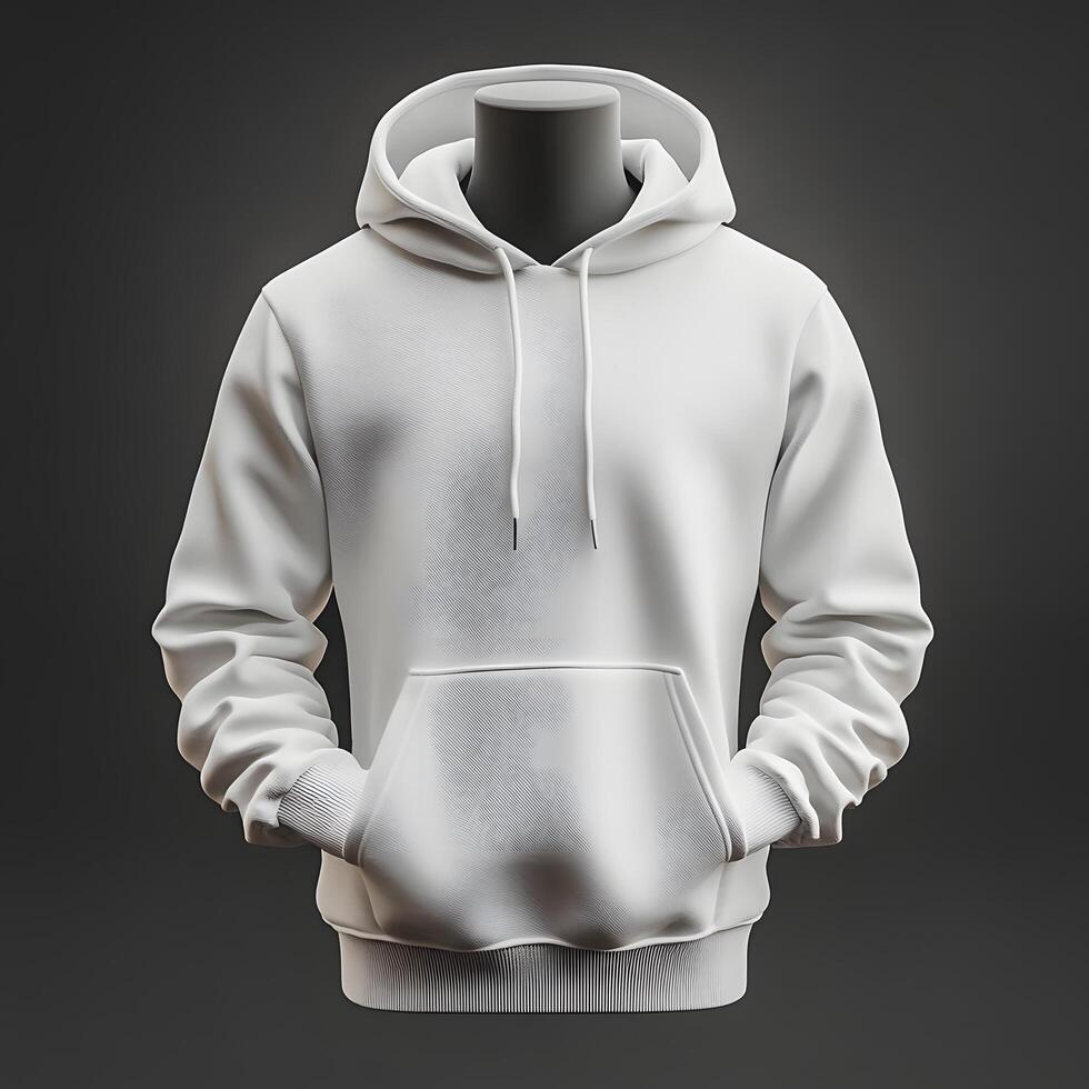 Minimalist white hoodie displayed on mannequin against dark backdrop photo