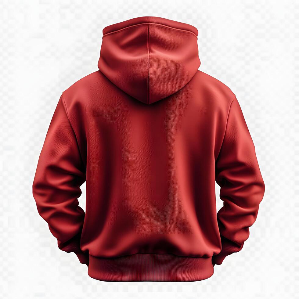 Back view of a red hooded sweatshirt, perfect for customization and design photo