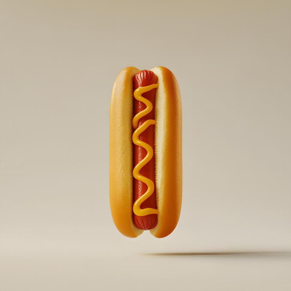 Artistic depiction of a hotdog with mustard, floating in a studio photo