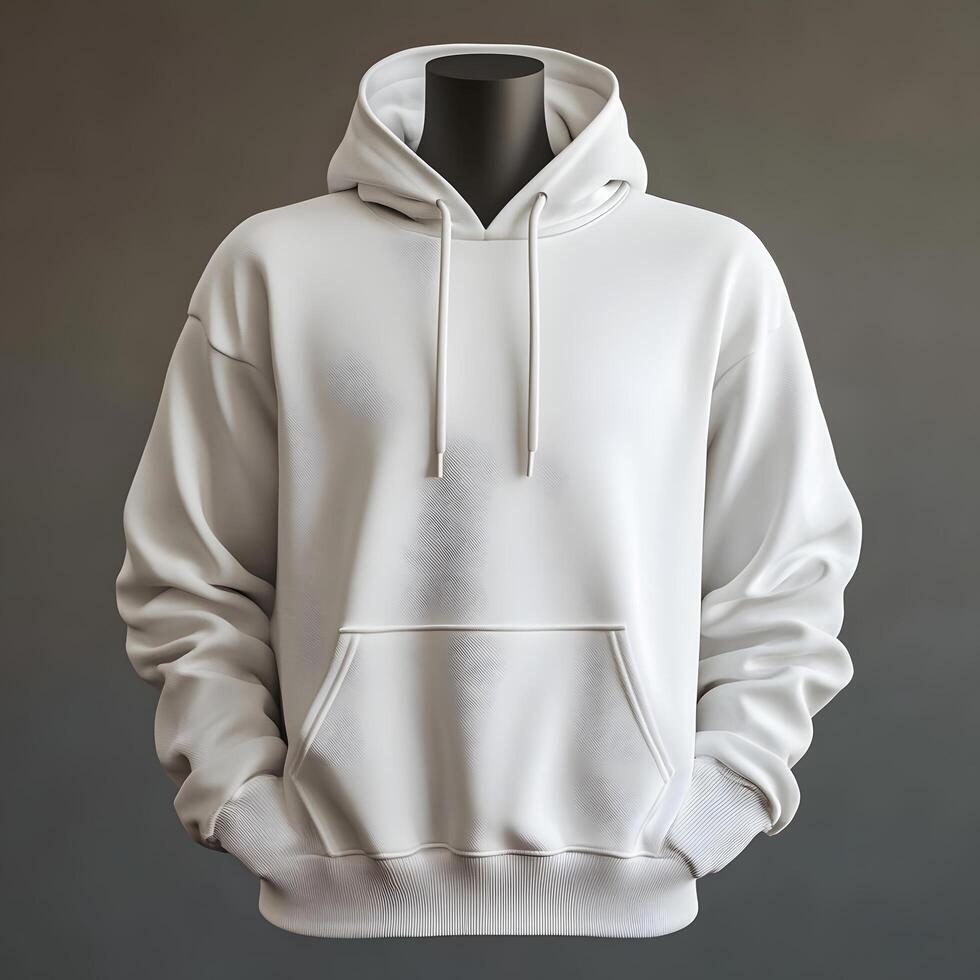 Studio shot of plain white hoodie on mannequin against a neutral backdrop photo