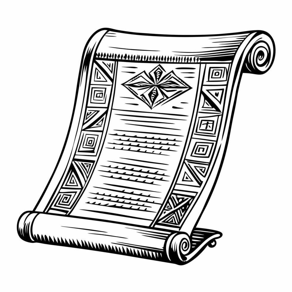Ancient scroll with intricate geometric designs and calligraphic text, historical manuscript, vintage illustration, black and white art vector