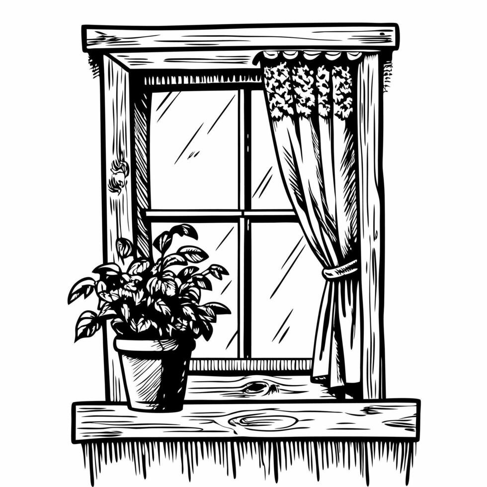 Rustic Window with Potted Plant and Draped Curtains Black and White Illustration vector