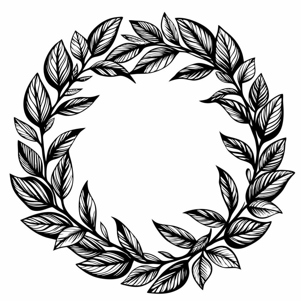 Elegant Hand Drawn Leaf Wreath in Black and White Illustration vector