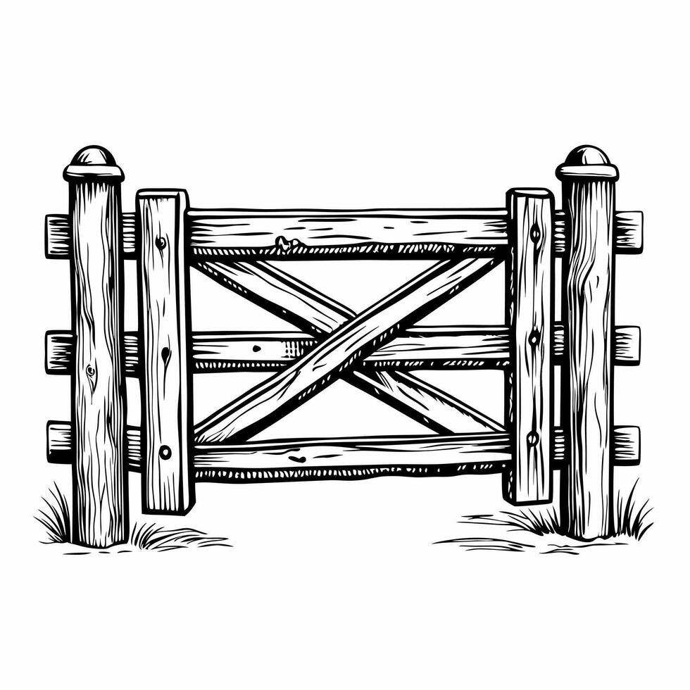 Rustic Wooden Fence Gate Detailed Hand Drawn Illustration vector