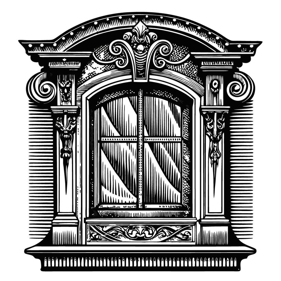 Vintage Ornate Architectural Window Design in Intricate Black and White Illustration, Timeless Elegance, Classic Detail, Historical Art vector