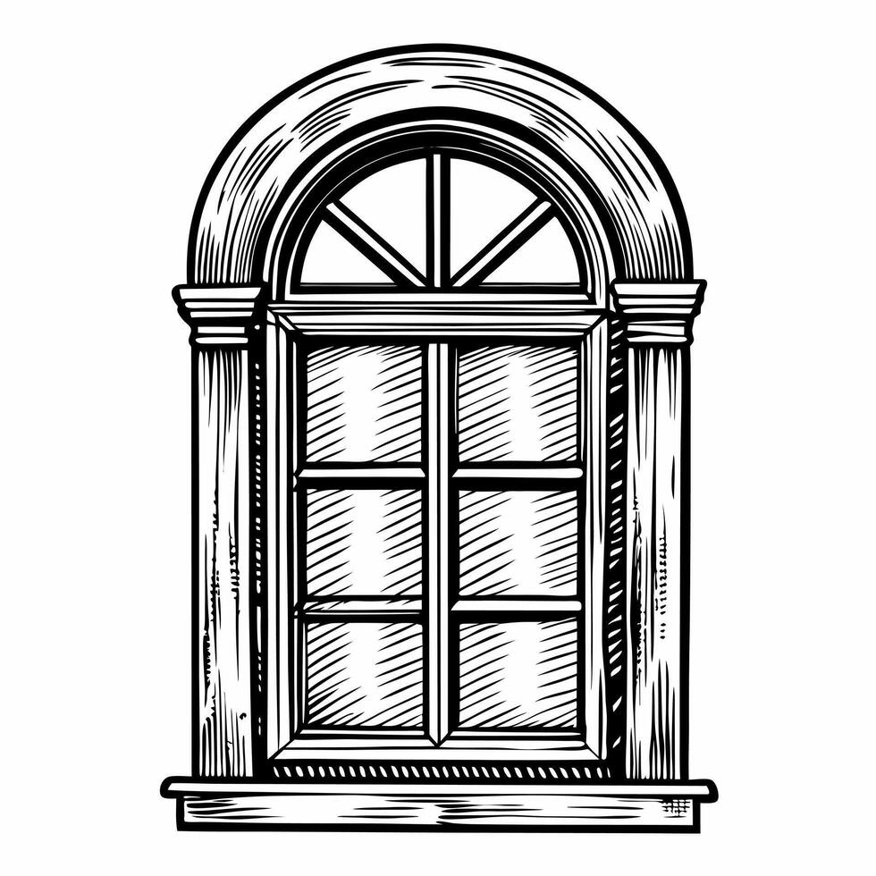 Vintage arched window frame, classic architecture illustration, black and white , retro design, heritage style vector