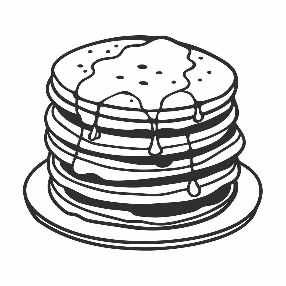 Stack of Pancakes with Syrup Drizzle Illustration in Black and White vector