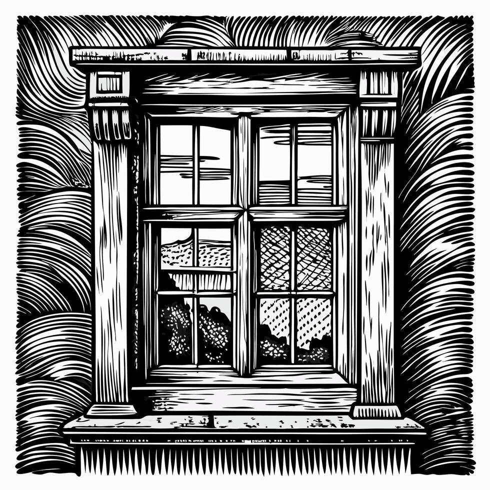 Vintage Wooden Window with Carved Details, Retro Style, Hand Drawn Illustration, Black and White vector