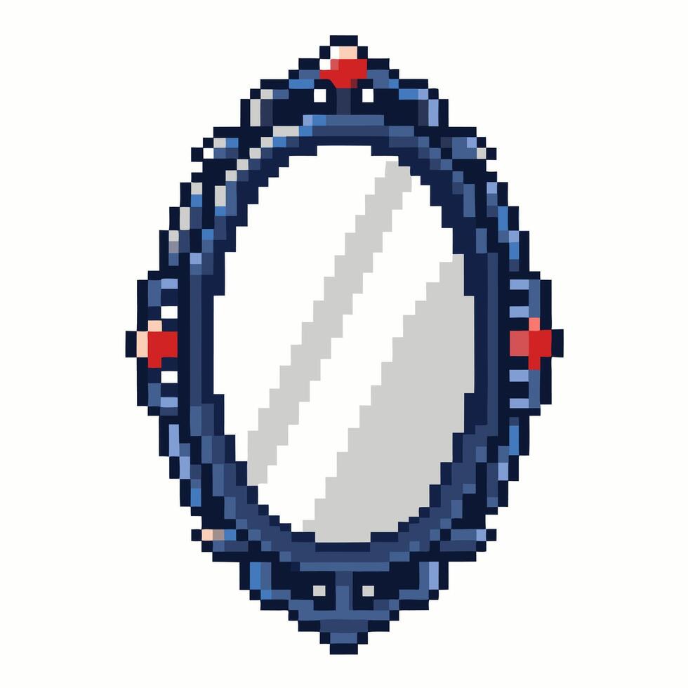 Pixel Art Oval Mirror with Ornate Frame and Red Accents vector