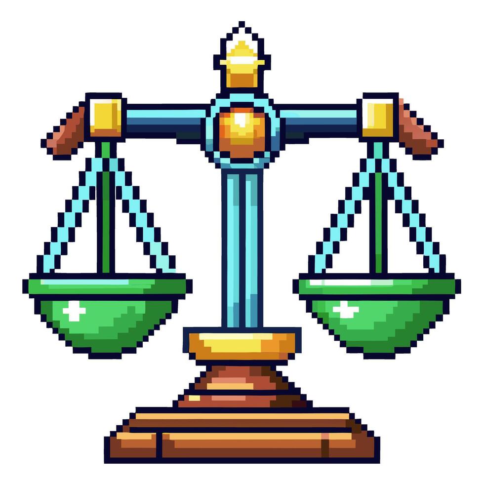 Pixel Art Justice Scales Icon in Retro Gaming Style vector