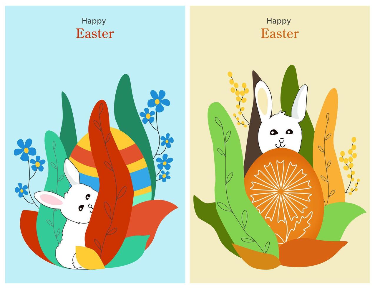 The set of drawings depicts a white rabbit hiding among flowers and Easter eggs. vector