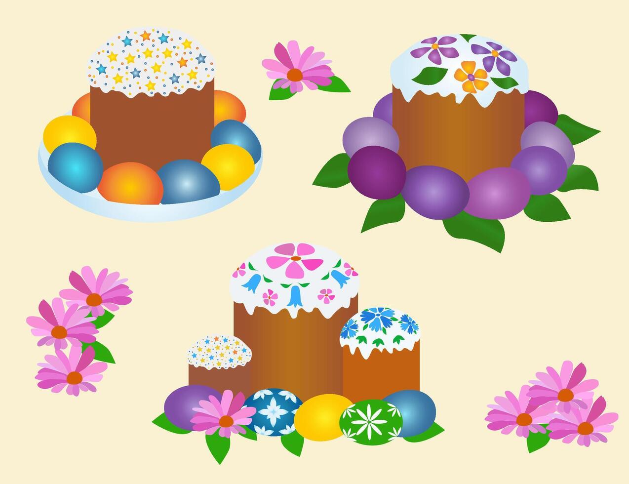 Appetizing Easter cakes decorated with white icing, colored sugar sprinkles and various decorative elements vector