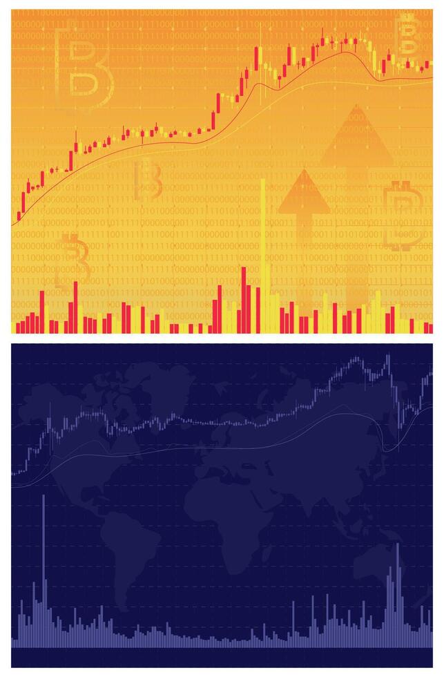 stock charts with a growing trend, candlestick indicators and trading volumes vector