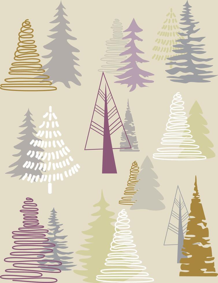 Christmas tree pattern on a beige background, hand-drawn Christmas trees of different types vector