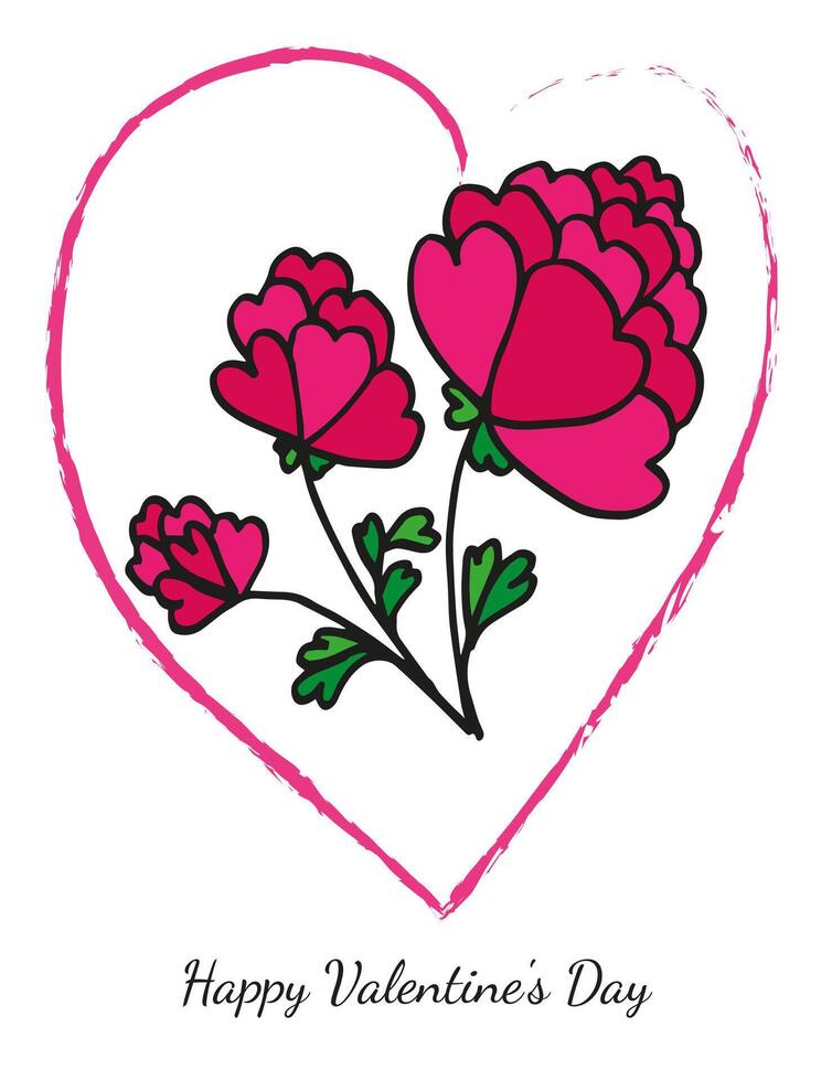 Happy Valentine's Day card, red and pink hearts flowers vector