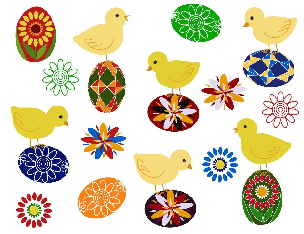 Happy Easter illustration with yellow chickens, different colors of bright Easter eggs and flowers vector