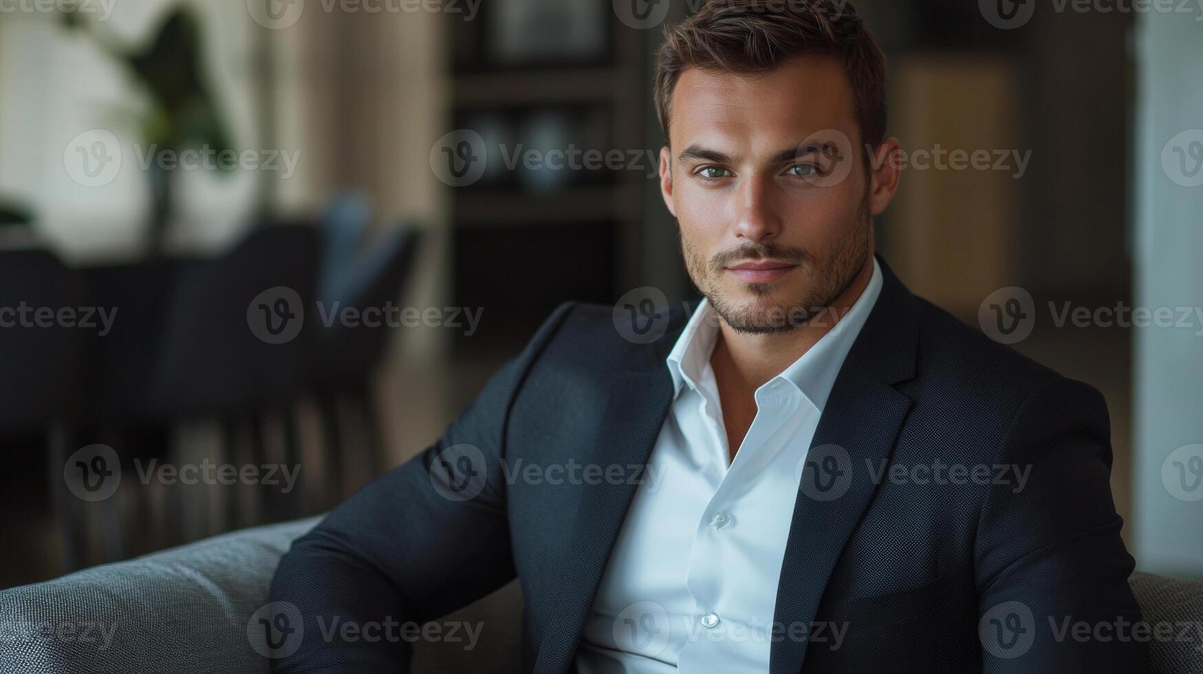 A man in a suit sitting on a couch photo