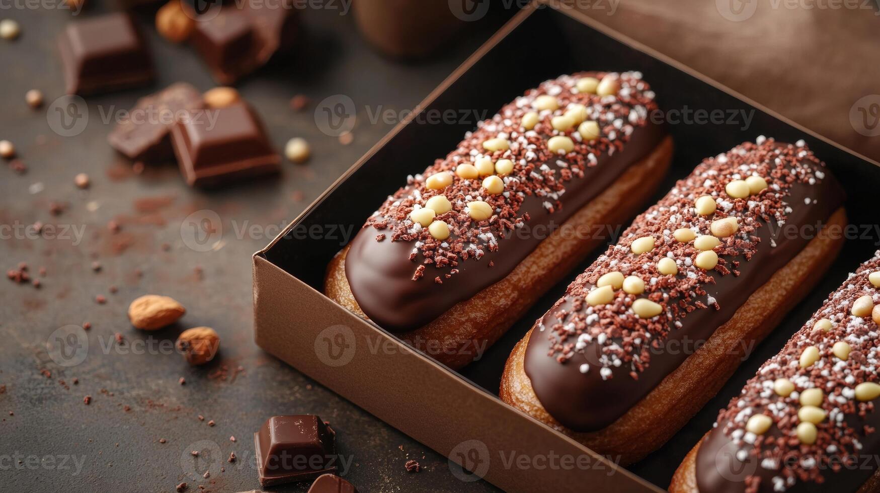 Three chocolate covered donuts in a box photo