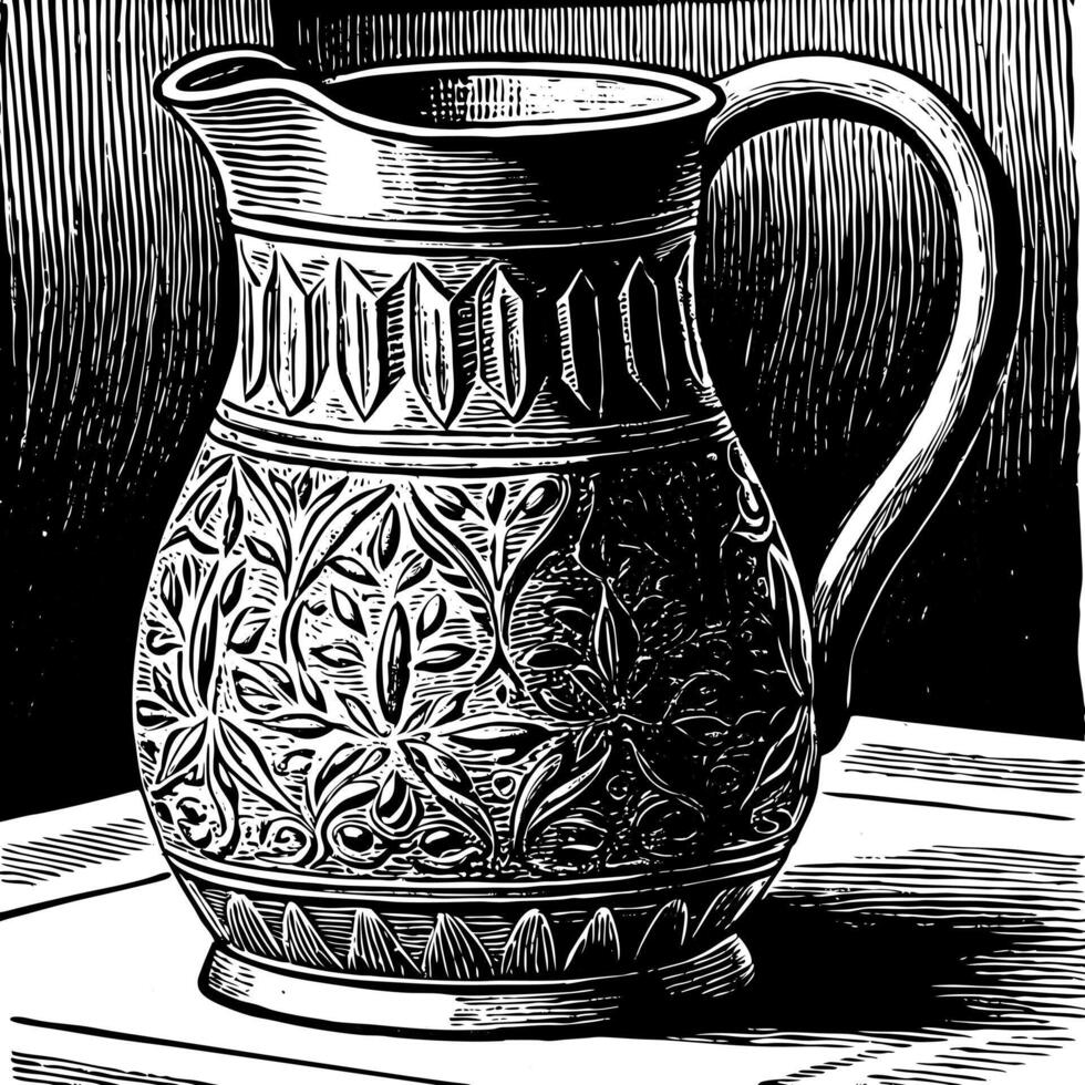 Intricate Vintage Jug Illustration Detailed Black and White Engraving Art vector