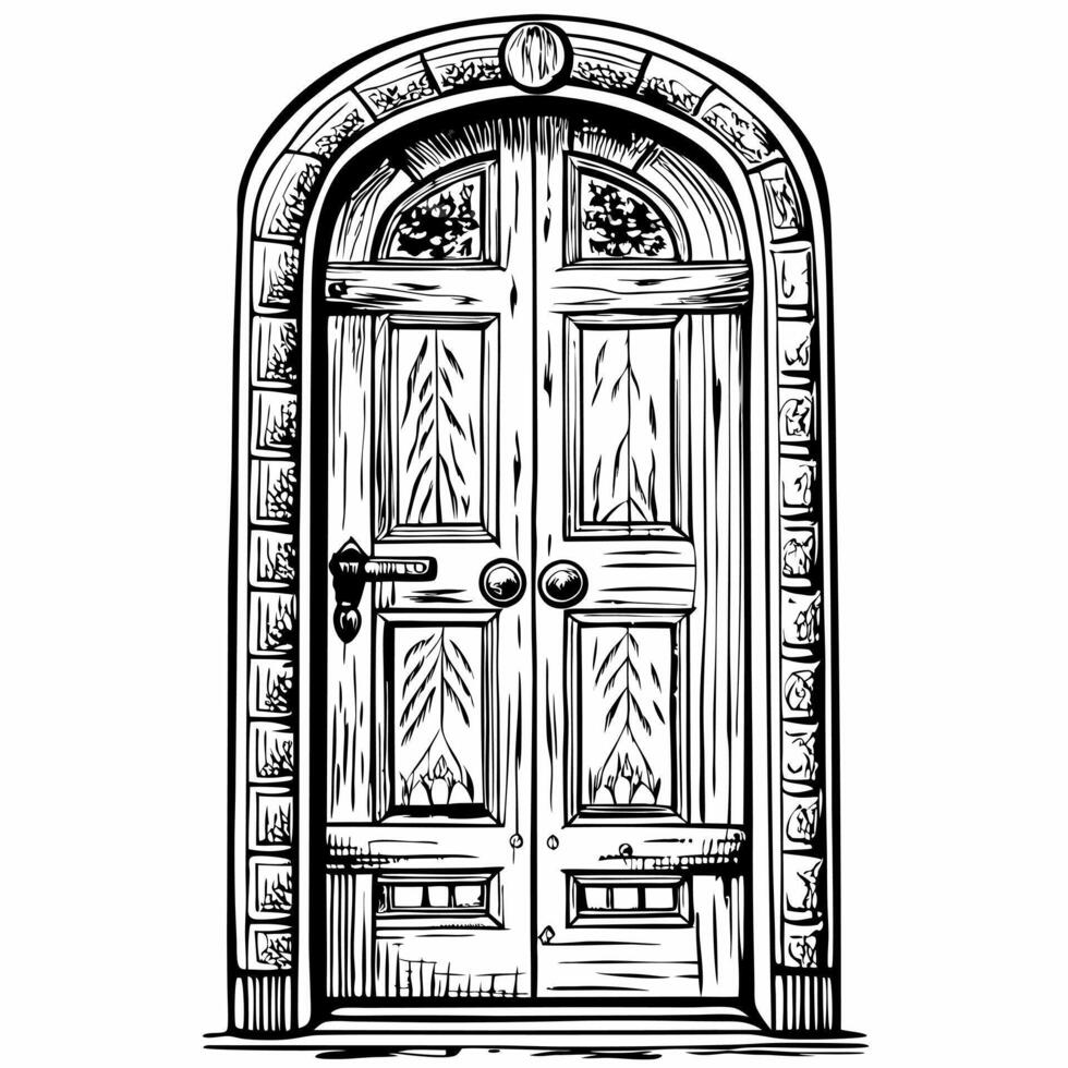 Vintage Wooden Doorway Illustration with Arched Frame and Detailed Panels vector