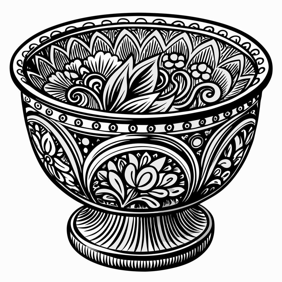 Intricate Floral Ornate Bowl Illustration in Black and White Art vector