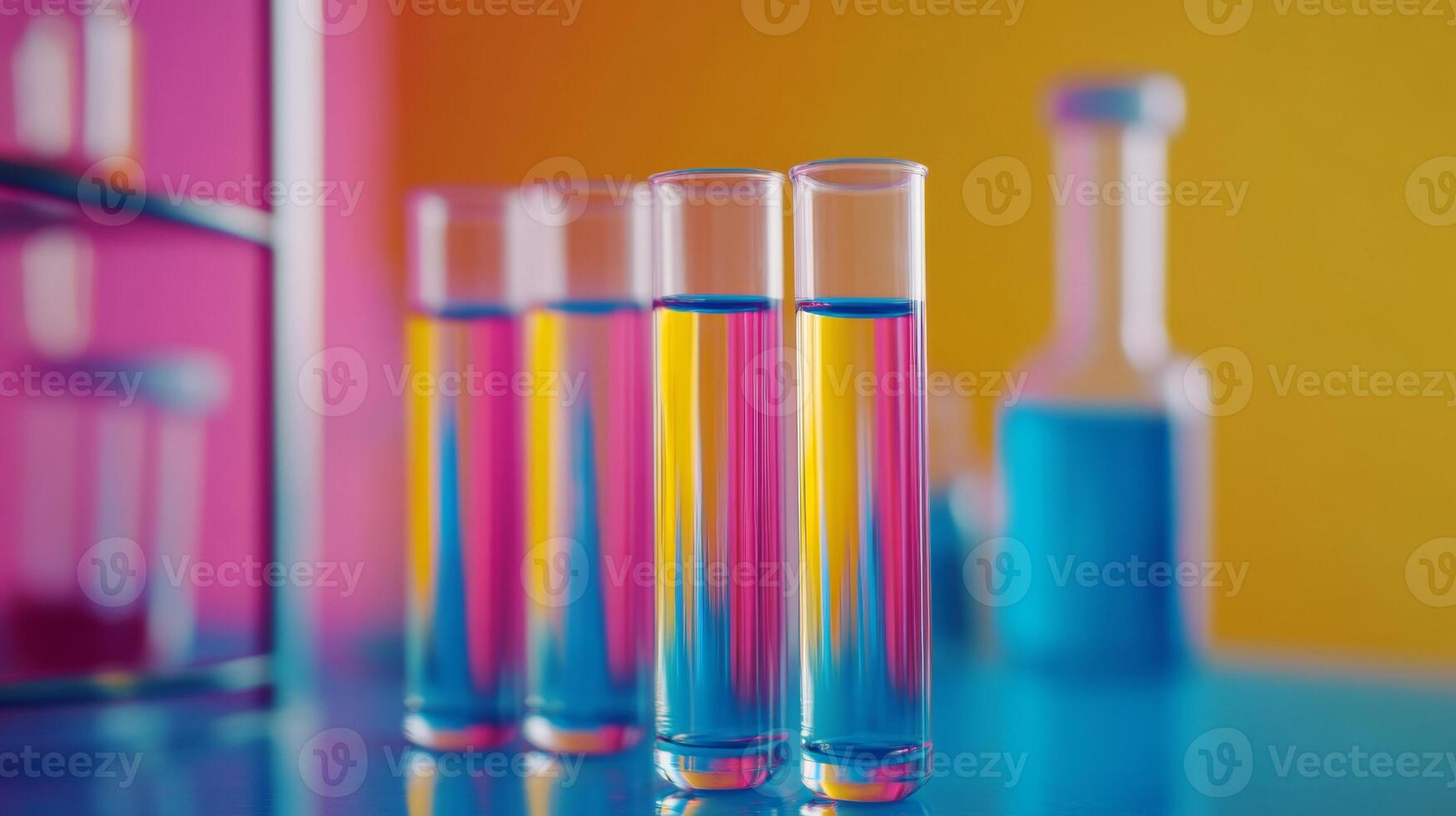 Colorful liquid in test tubes on a table photo