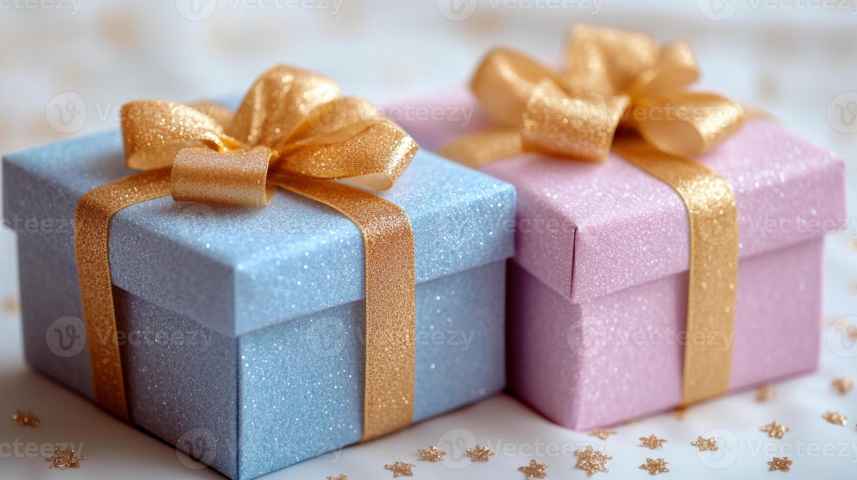 Two small gift boxes with gold bows on a white background photo
