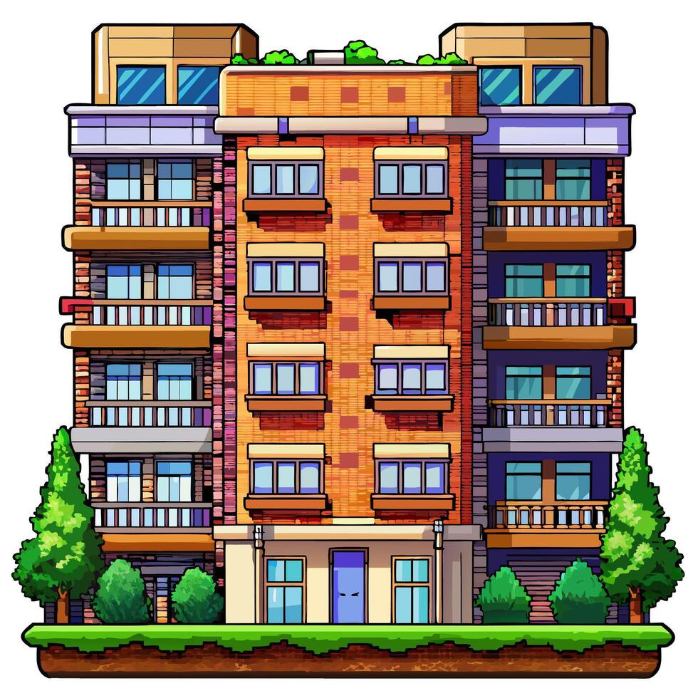 Modern Apartment Building with Greenery and Brick Facade Illustration vector