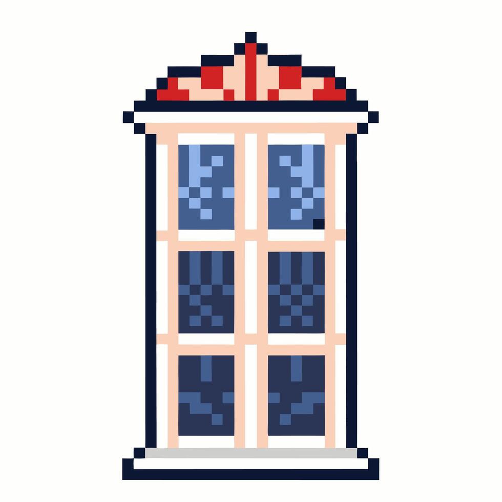Retro Pixel Art Window with Ornate Red Roof and Blue Panes vector
