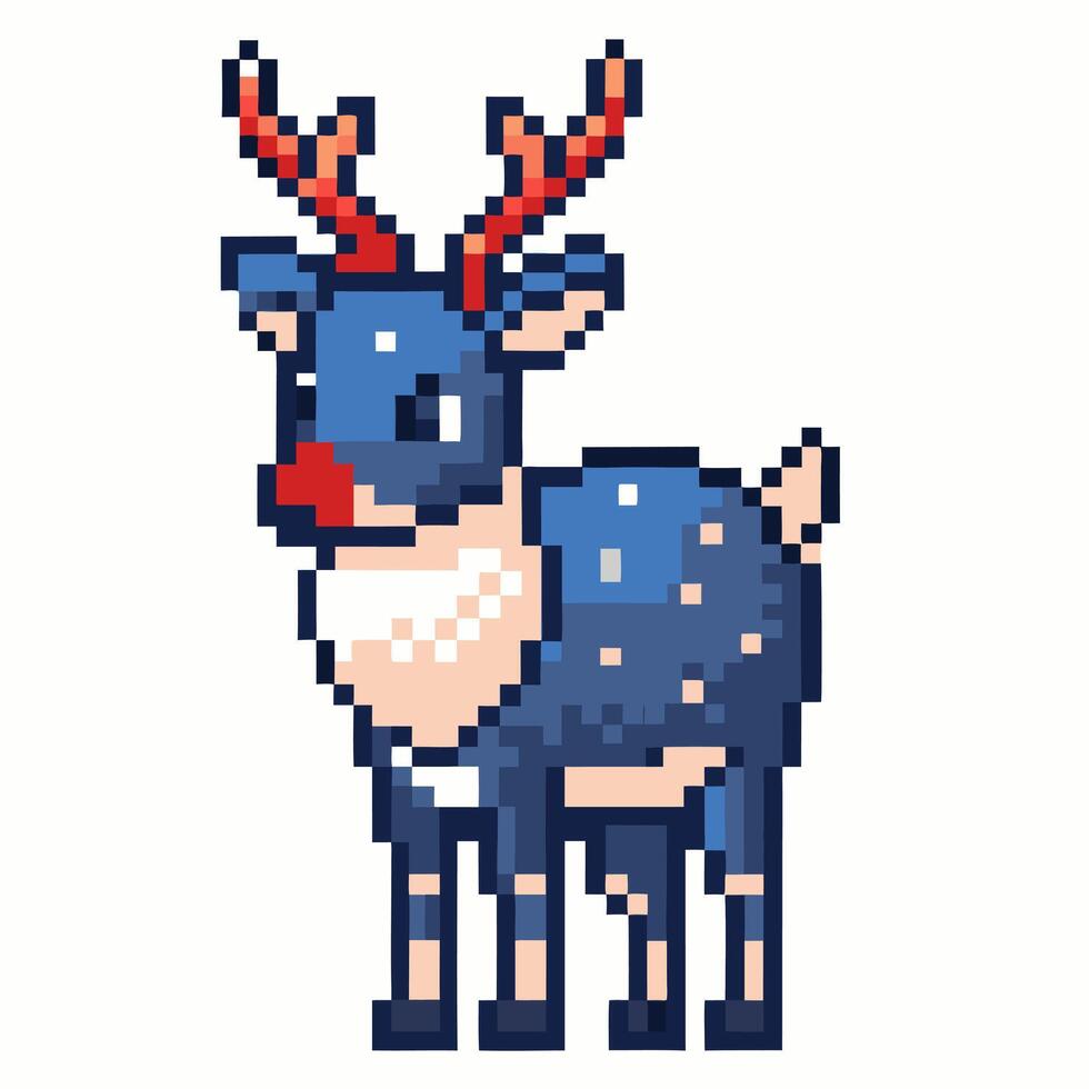 Pixel Art Deer with Antlers in Blue and Red for Retro Gaming Designs vector