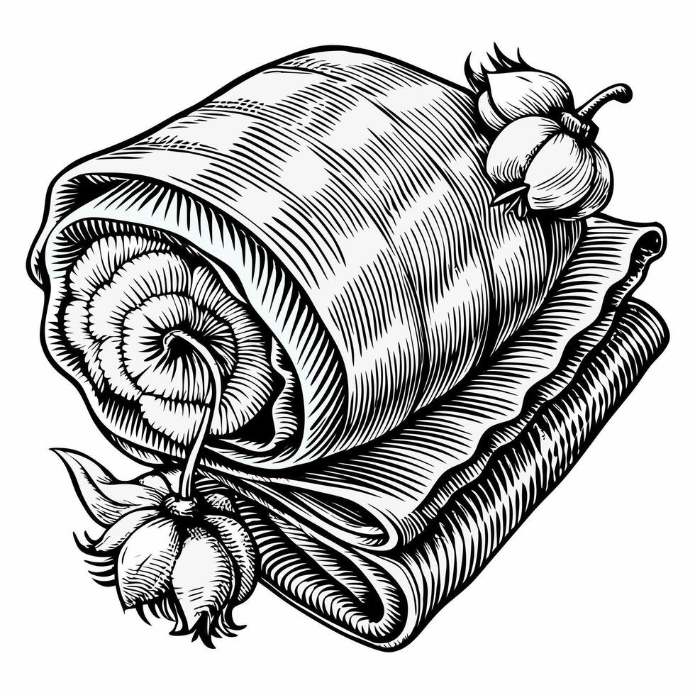Intricate Vintage Illustration of Rolled Textile with Cotton Flowers vector