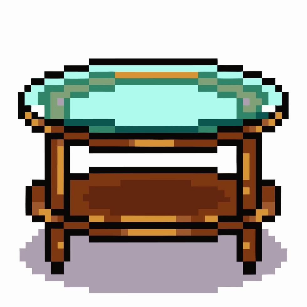 Retro Pixel Art Glass Table with Wooden Base for Gaming and Design vector