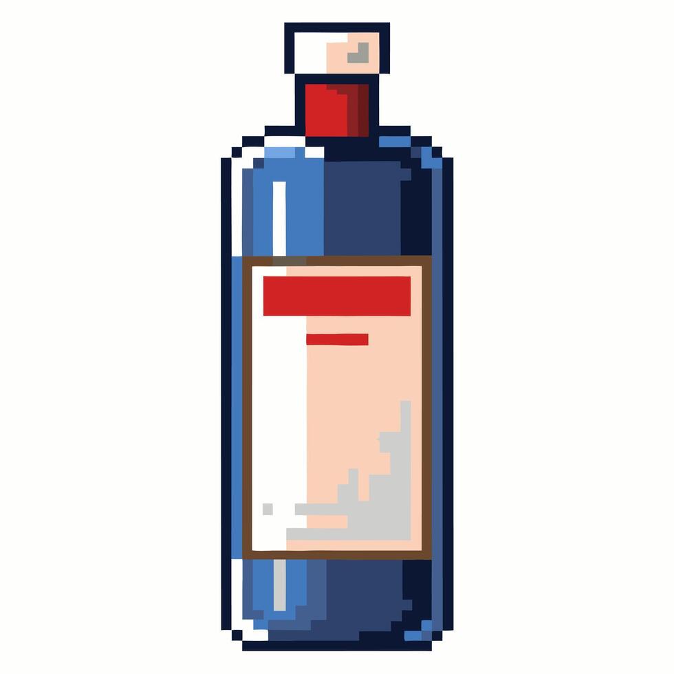Pixel Art Style Blue Bottle with Red Cap and Label vector