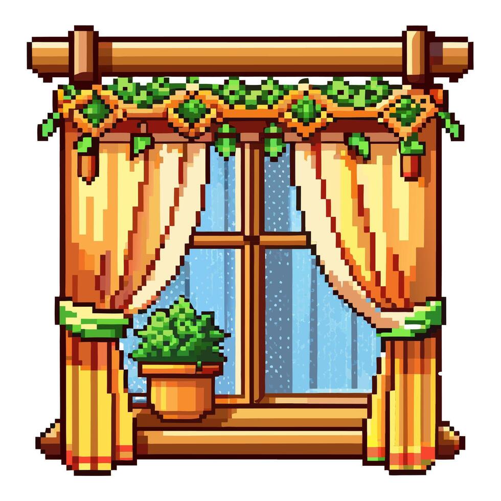 Pixel Art Window with Curtains and Plant in Rainy Weather vector