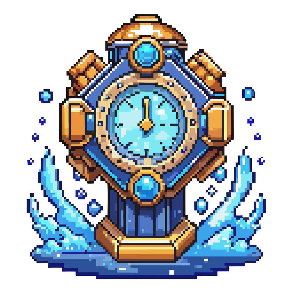 Steampunk Clock with Water Splash in Pixel Art Style vector