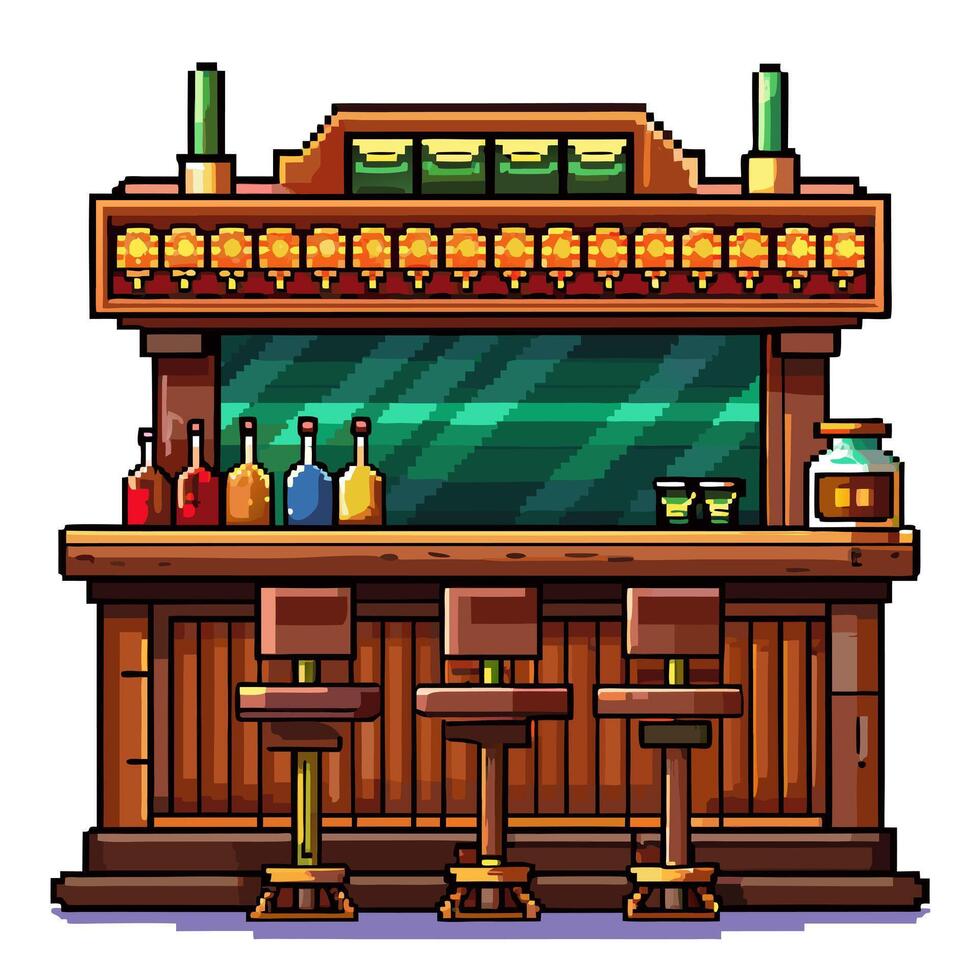 Charming Retro Bar Counter with Bar Stools and Bottles in Pixel Art Style vector