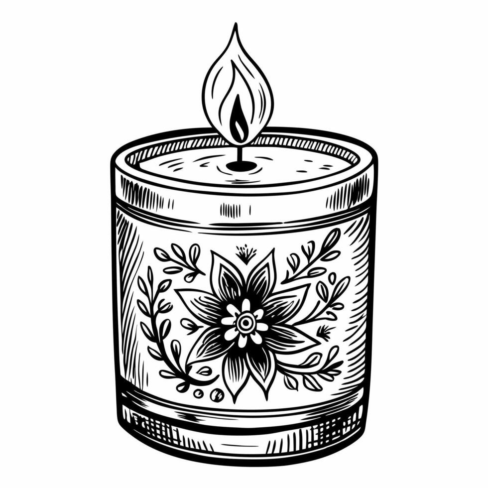 Hand Drawn Floral Candle Illustration with Intricate Line Art Design vector